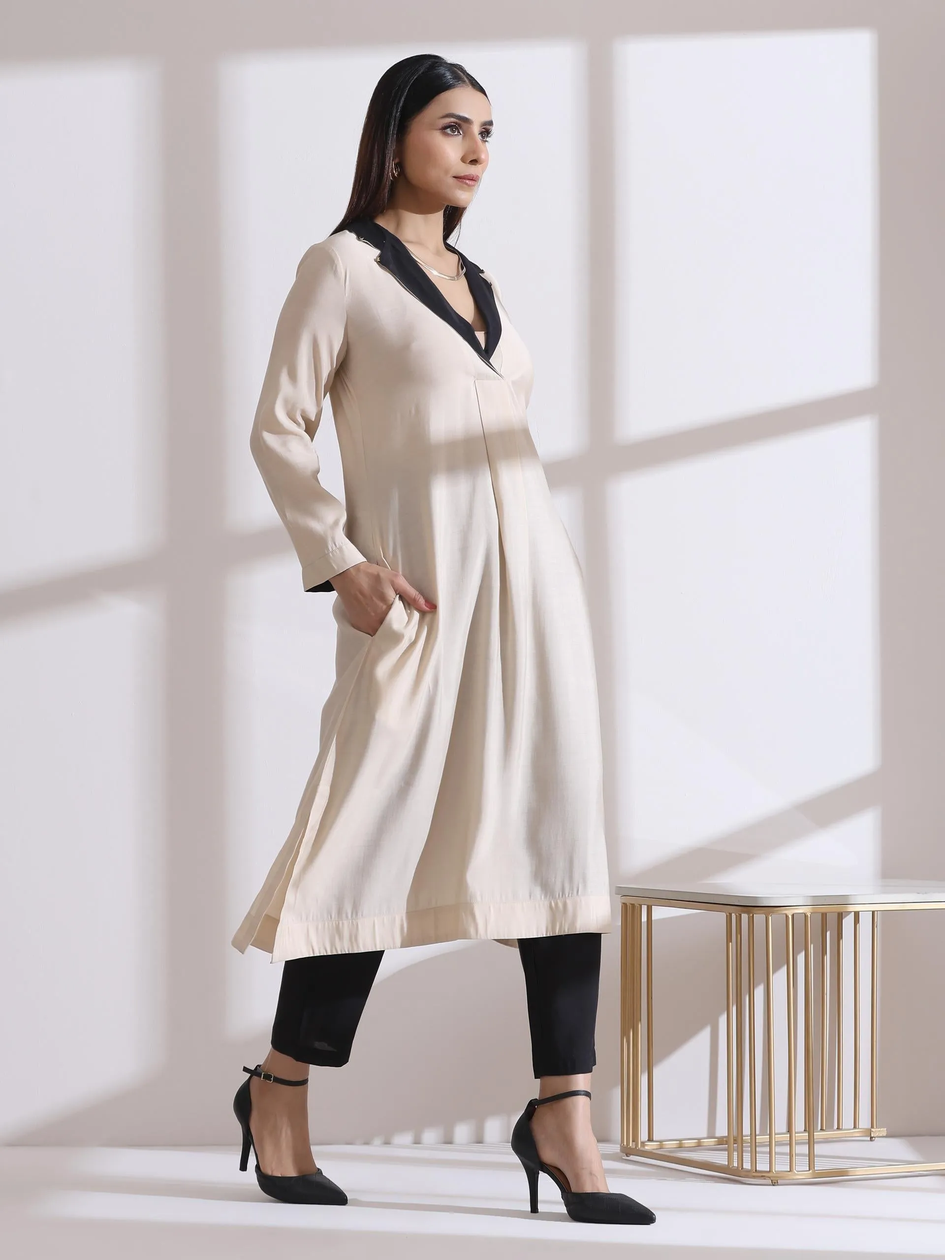 1 Pc- Airskin Fawn Kurta With Black With Gold Point Collar Kurta.