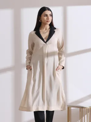 1 Pc- Airskin Fawn Kurta With Black With Gold Point Collar Kurta.