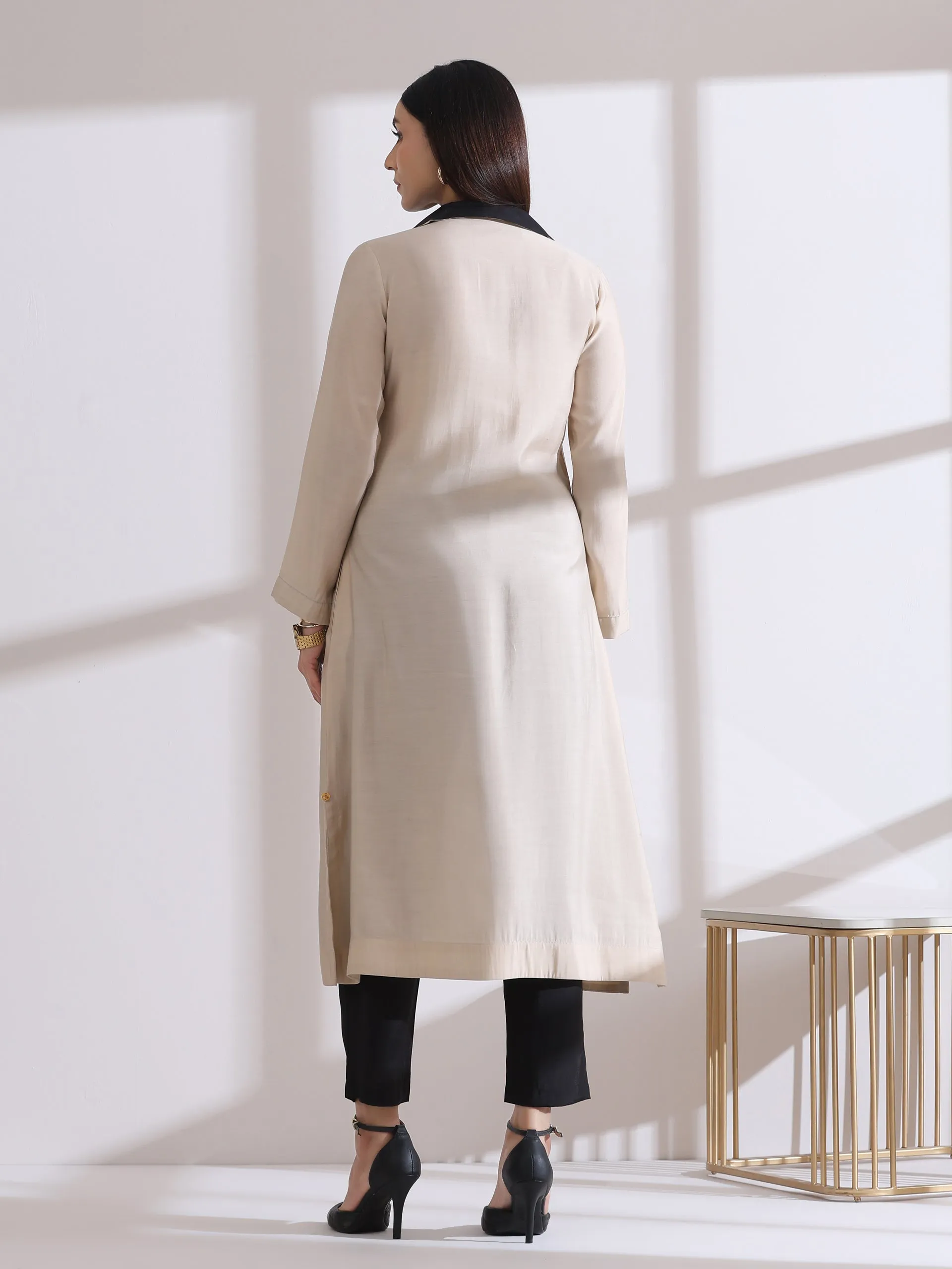 1 Pc- Airskin Fawn Kurta With Black With Gold Point Collar Kurta.