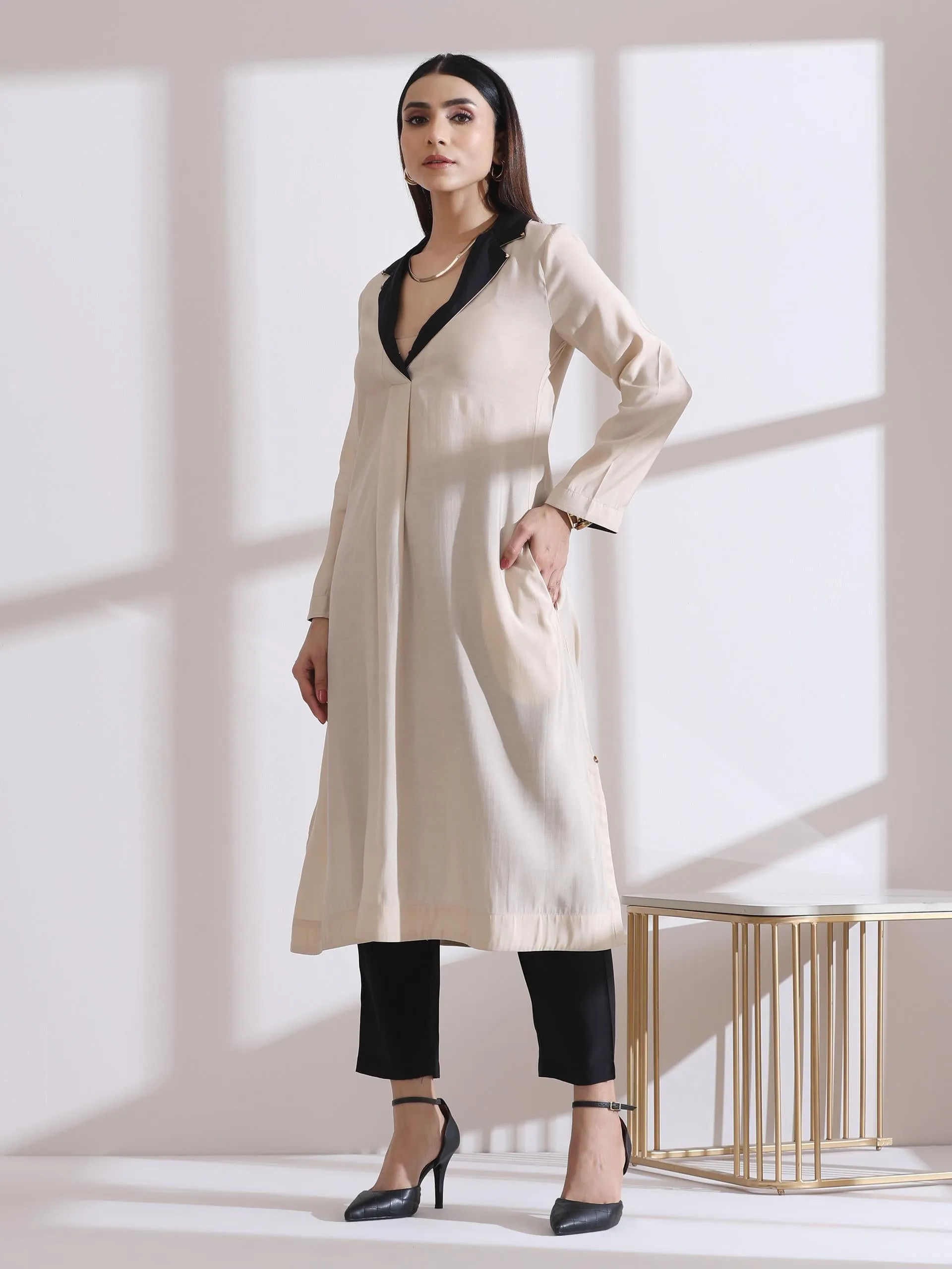1 Pc- Airskin Fawn Kurta With Black With Gold Point Collar Kurta.