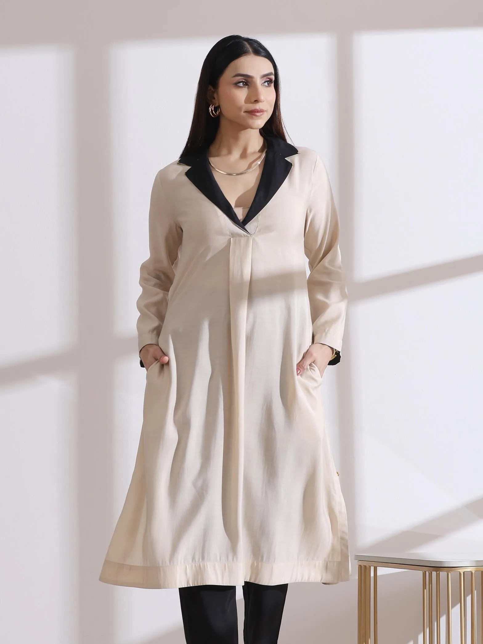 1 Pc- Airskin Fawn Kurta With Black With Gold Point Collar Kurta.
