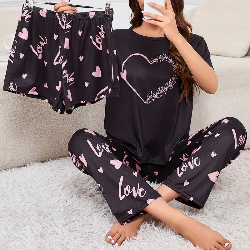3-Piece Sleepwear Set: Short Sleeve Top, Pants, and Shorts