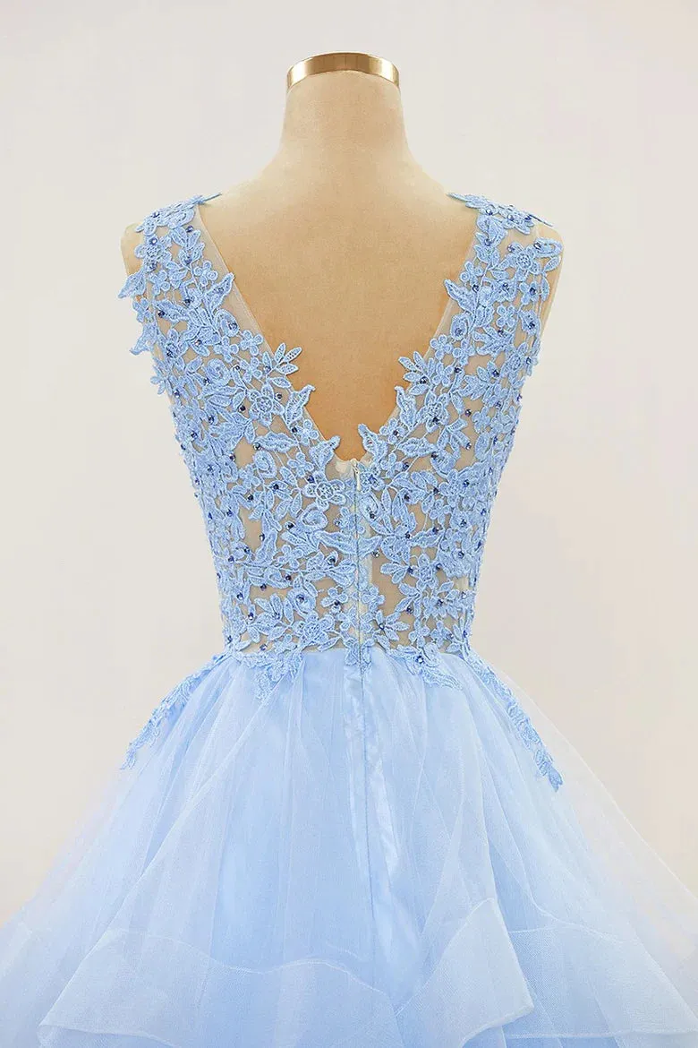 A-line Long Layers Lace Prom Dresses Light Blue Beaded Appliques