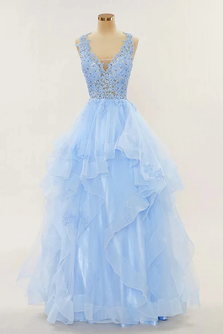 A-line Long Layers Lace Prom Dresses Light Blue Beaded Appliques