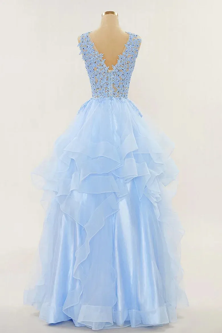 A-line Long Layers Lace Prom Dresses Light Blue Beaded Appliques