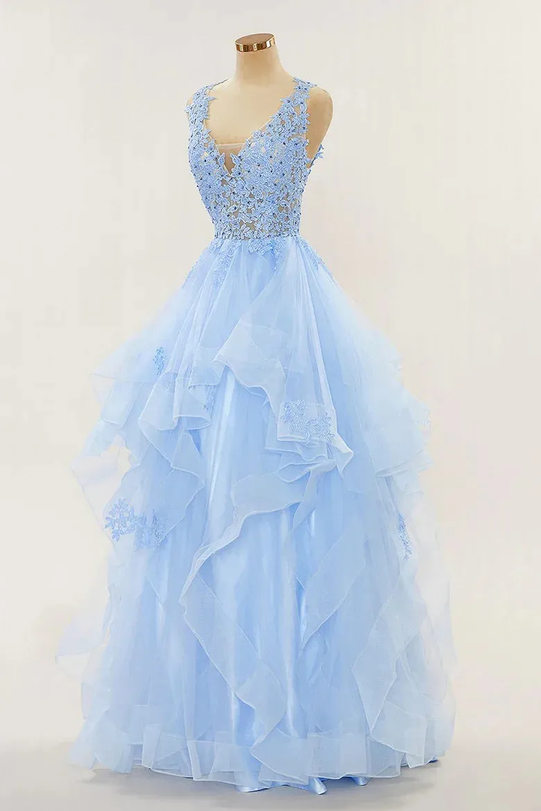 A-line Long Layers Lace Prom Dresses Light Blue Beaded Appliques