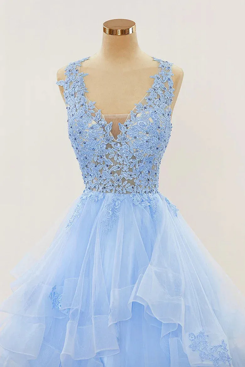 A-line Long Layers Lace Prom Dresses Light Blue Beaded Appliques
