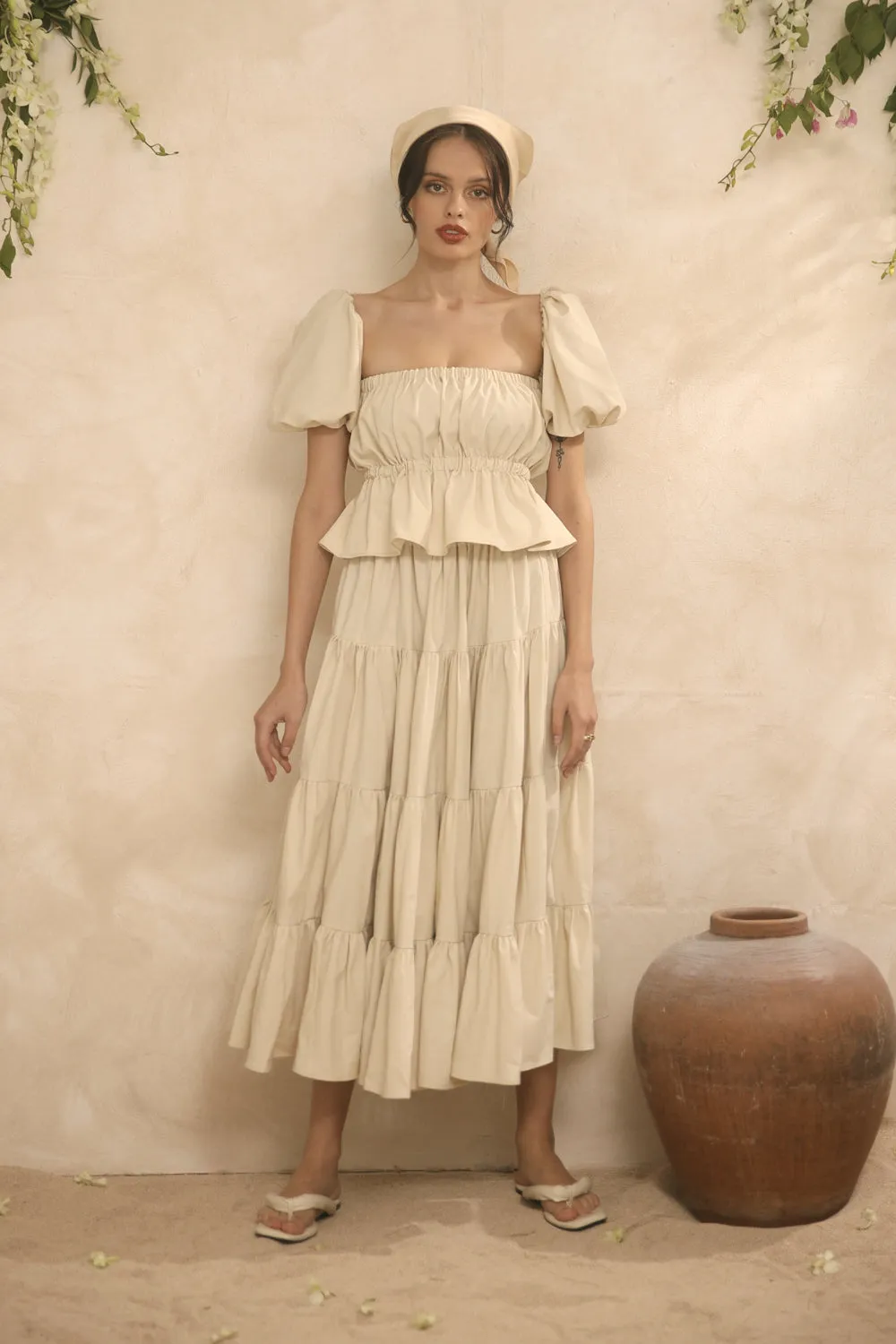 ALBA SET Balloon Sleeve Gartered Top with Four-Layer Midi Skirt (Beige Linen)