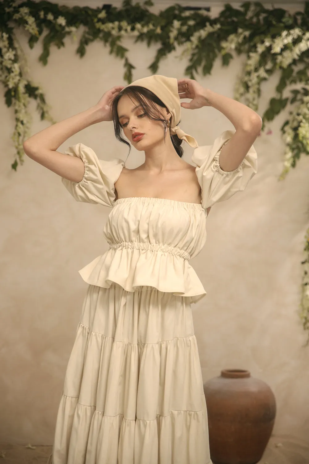 ALBA SET Balloon Sleeve Gartered Top with Four-Layer Midi Skirt (Beige Linen)