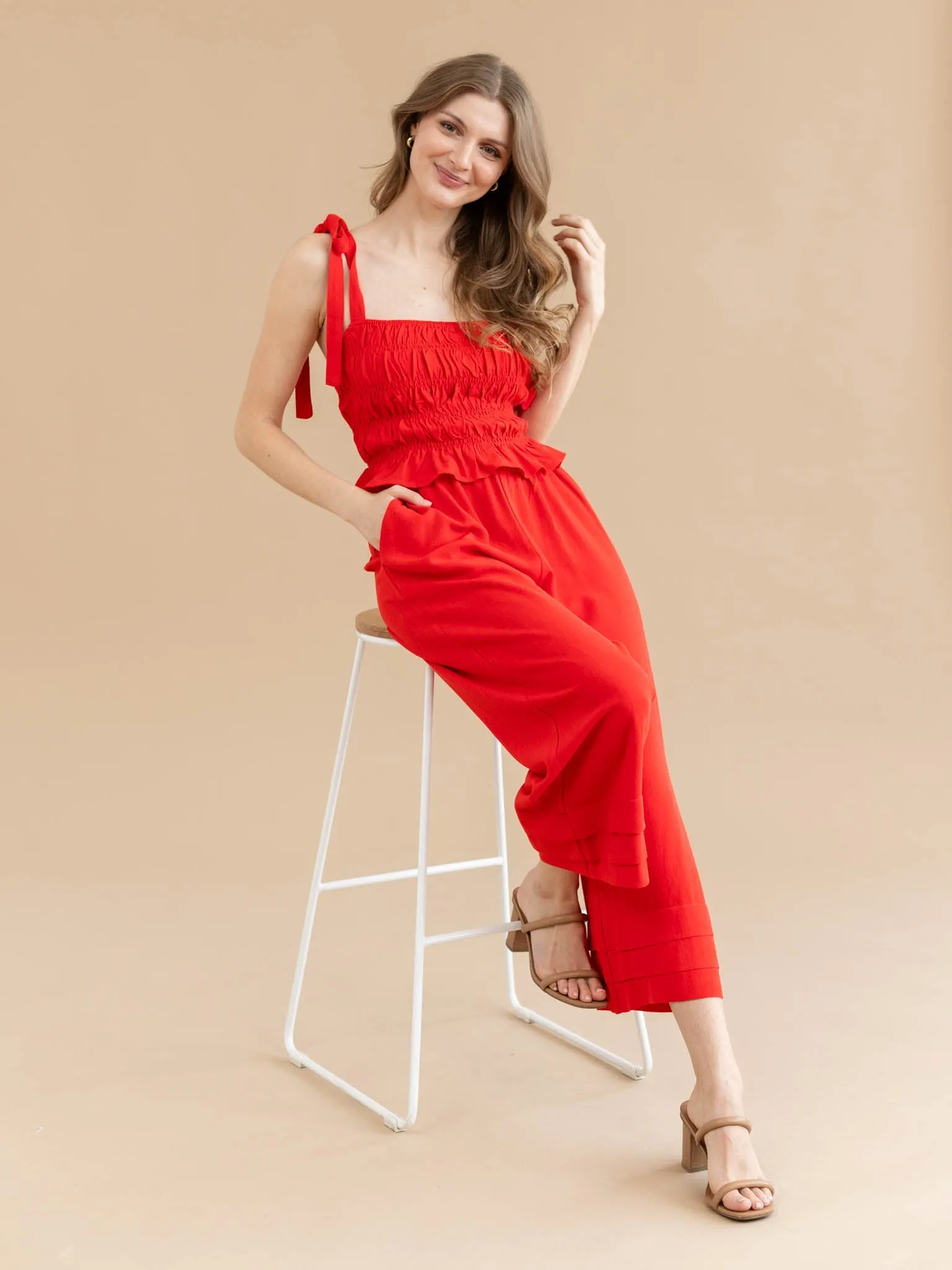 Allie Rose Elastic Ruffle Waist Ankle Pant