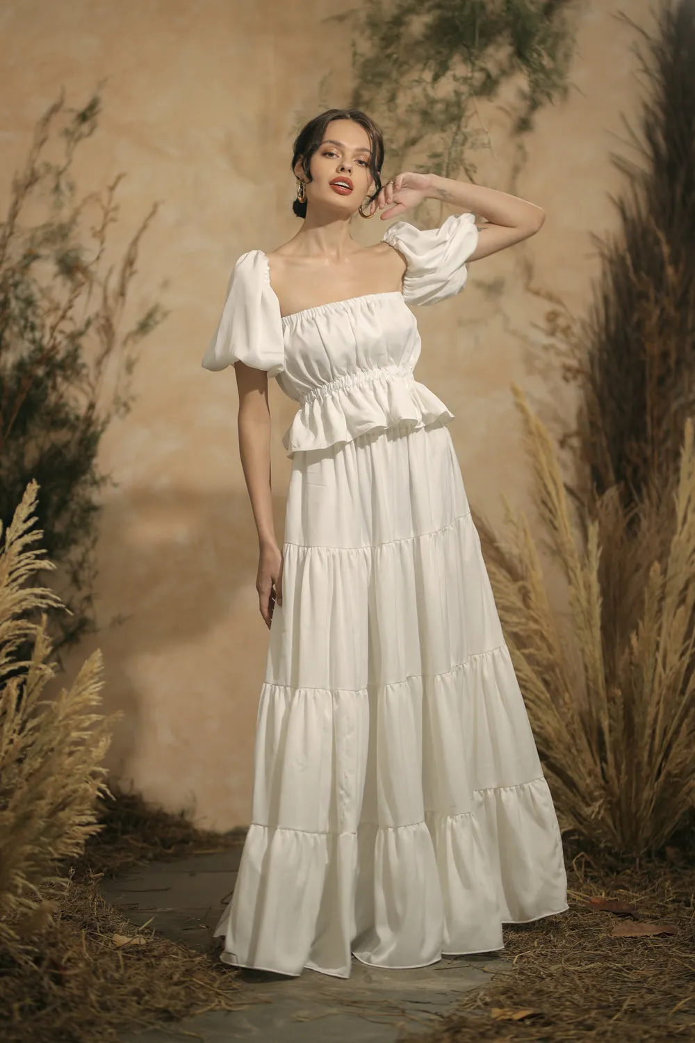 ALMERIA Balloon Sleeve Gartered Top with Four-Layer Maxi Skirt (White Silk)