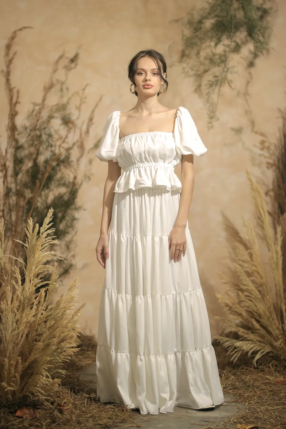 ALMERIA Balloon Sleeve Gartered Top with Four-Layer Maxi Skirt (White Silk)