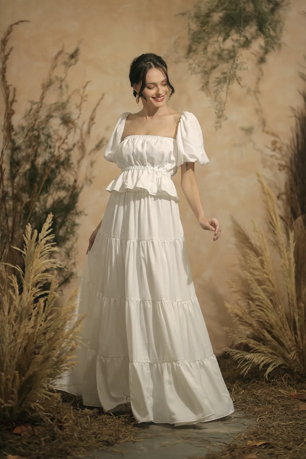ALMERIA Balloon Sleeve Gartered Top with Four-Layer Maxi Skirt (White Silk)