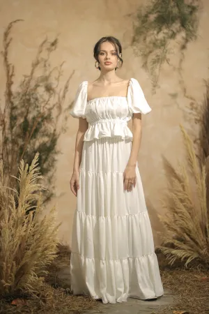 ALMERIA Balloon Sleeve Gartered Top with Four-Layer Maxi Skirt (White Silk)