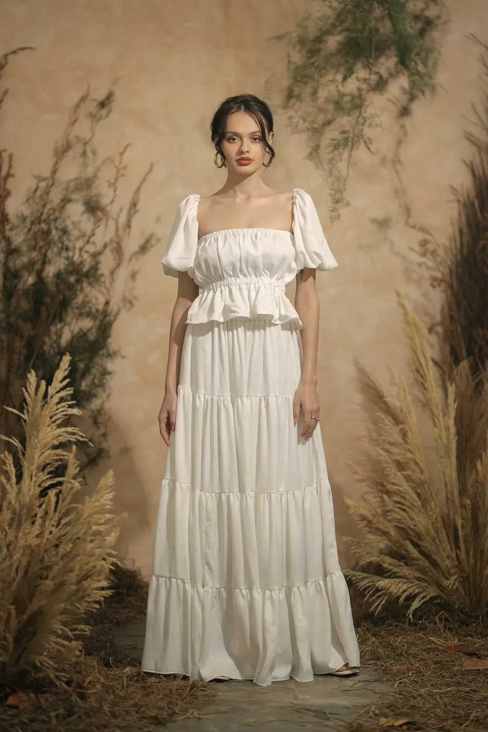 ALMERIA Balloon Sleeve Gartered Top with Four-Layer Maxi Skirt (White Silk)