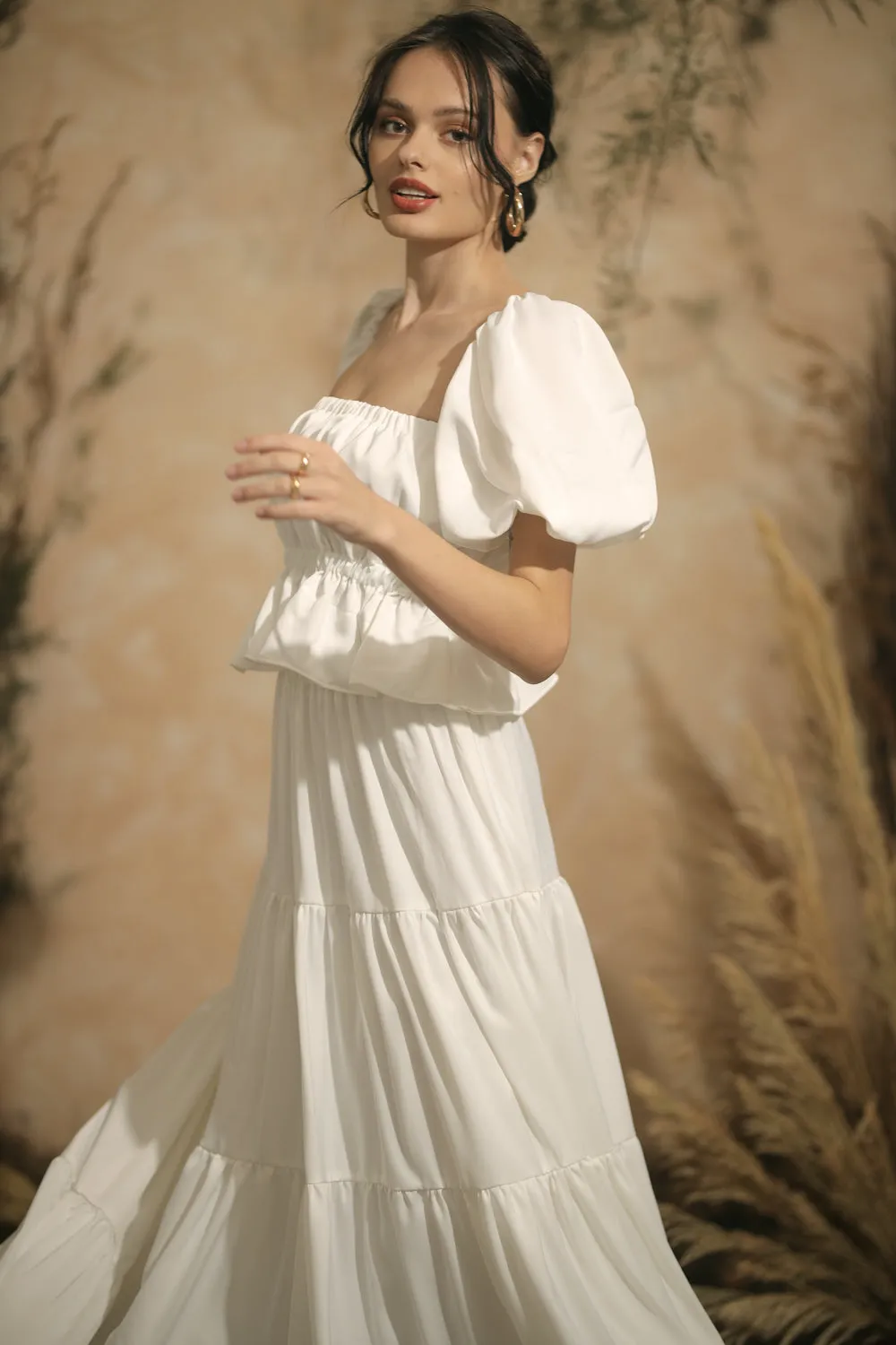 ALMERIA Balloon Sleeve Gartered Top with Four-Layer Maxi Skirt (White Silk)