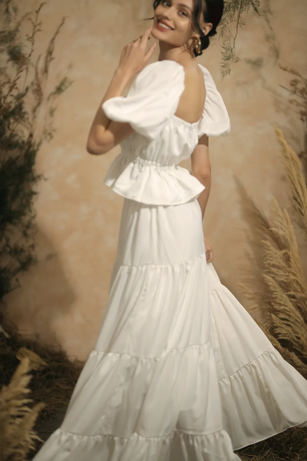 ALMERIA Balloon Sleeve Gartered Top with Four-Layer Maxi Skirt (White Silk)