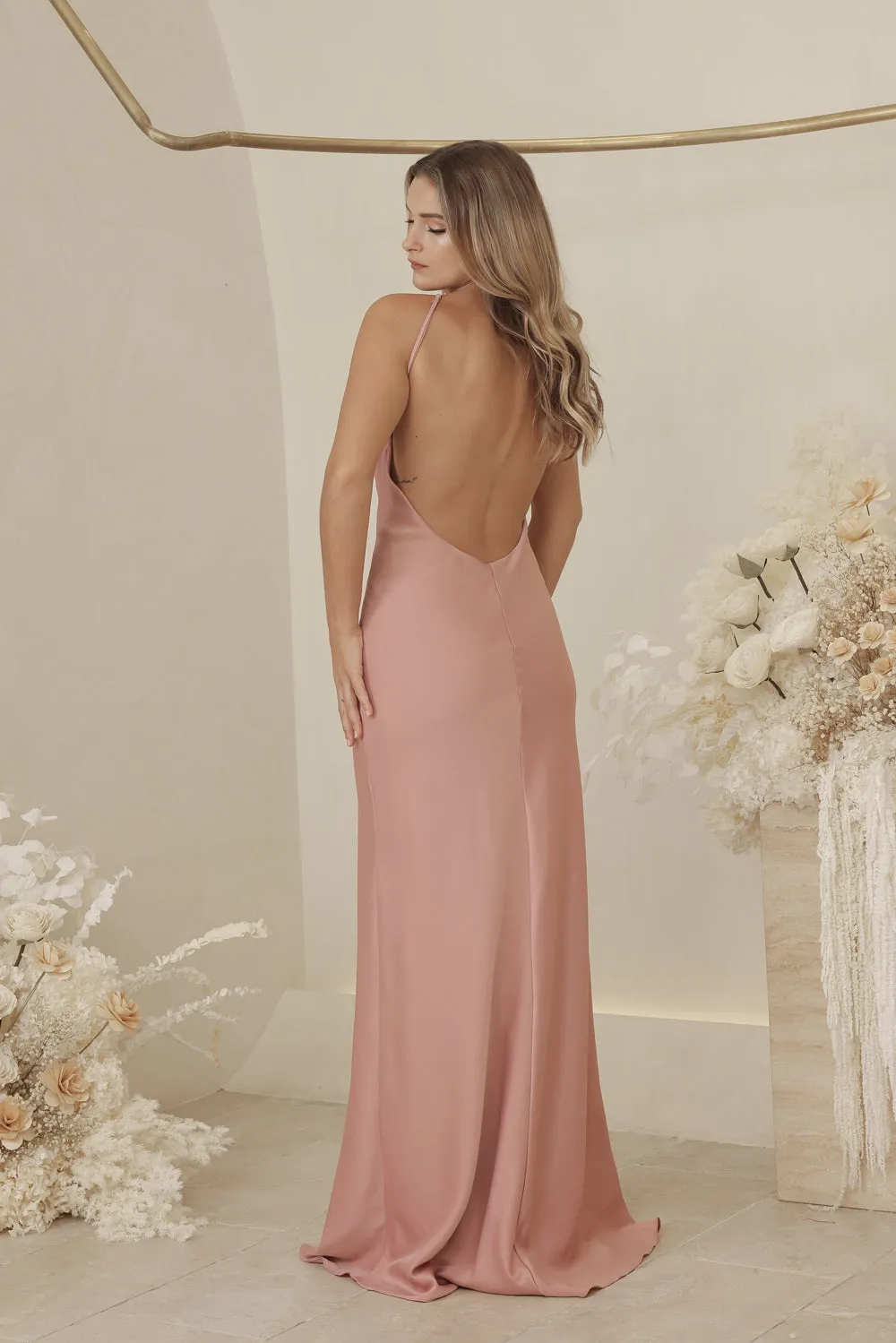ANTOINETTE Full Length Silk Dress with Two Floral Detail on Neckline and Open Back (Old Rose Silk Crepe)