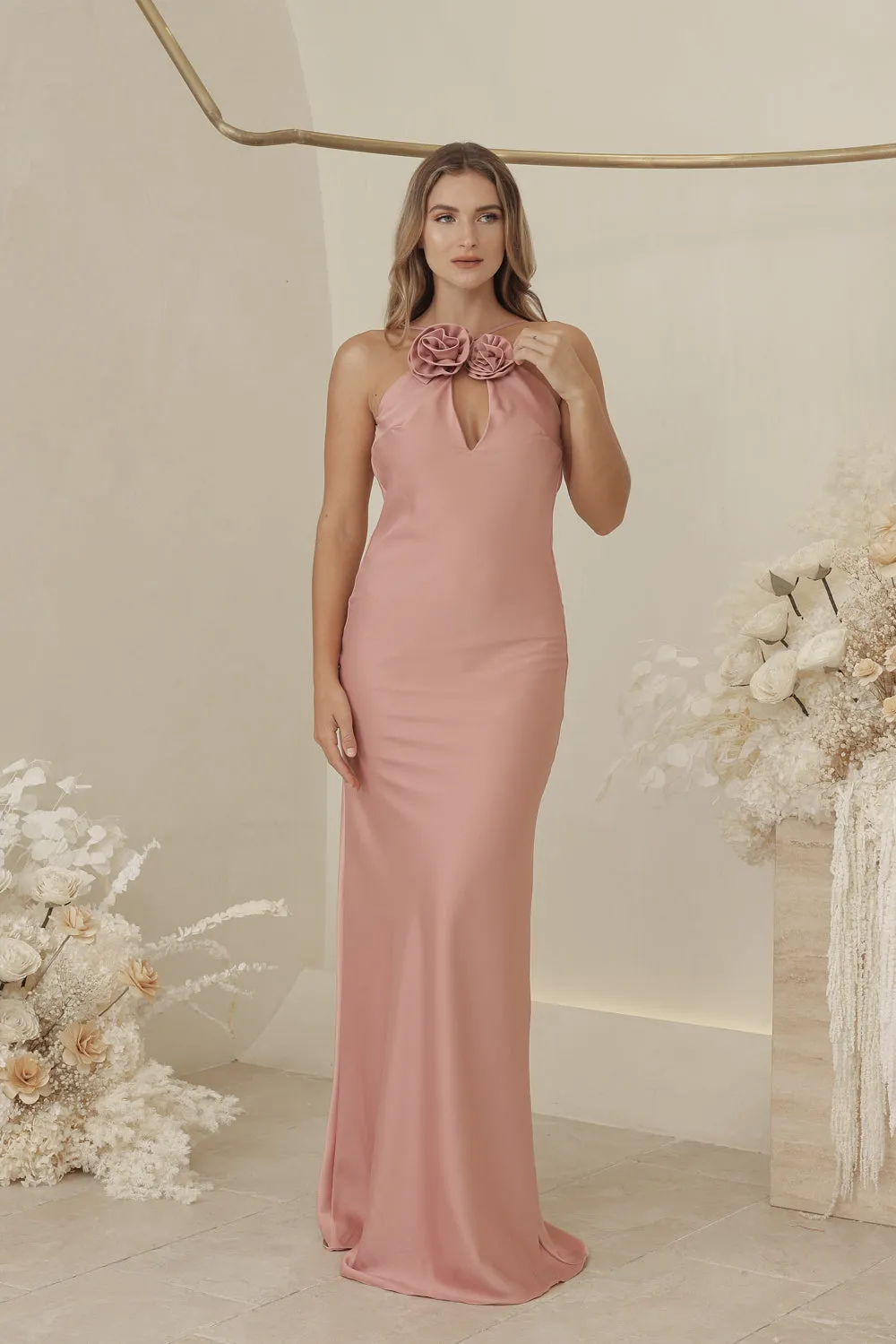 ANTOINETTE Full Length Silk Dress with Two Floral Detail on Neckline and Open Back (Old Rose Silk Crepe)