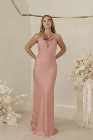 ANTOINETTE Full Length Silk Dress with Two Floral Detail on Neckline and Open Back (Old Rose Silk Crepe)