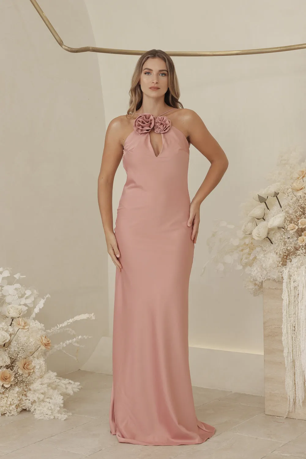 ANTOINETTE Full Length Silk Dress with Two Floral Detail on Neckline and Open Back (Old Rose Silk Crepe)