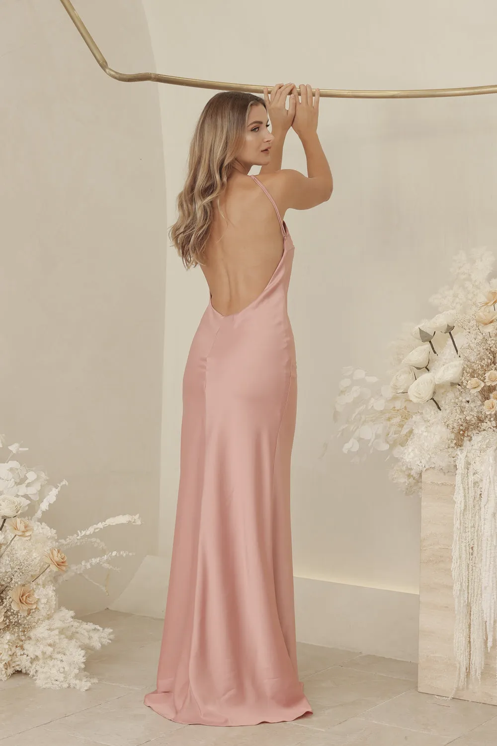 ANTOINETTE Full Length Silk Dress with Two Floral Detail on Neckline and Open Back (Old Rose Silk Crepe)