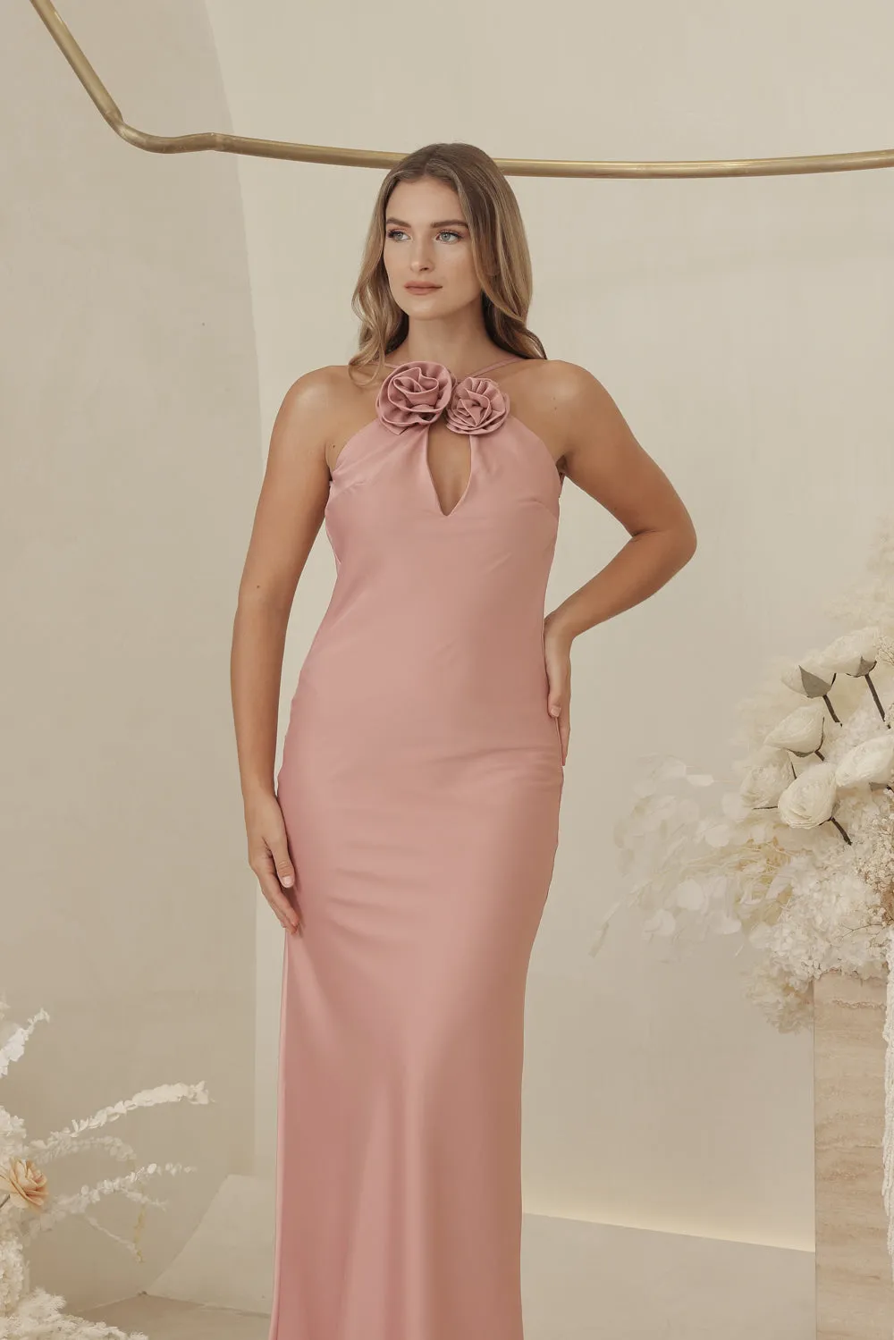 ANTOINETTE Full Length Silk Dress with Two Floral Detail on Neckline and Open Back (Old Rose Silk Crepe)