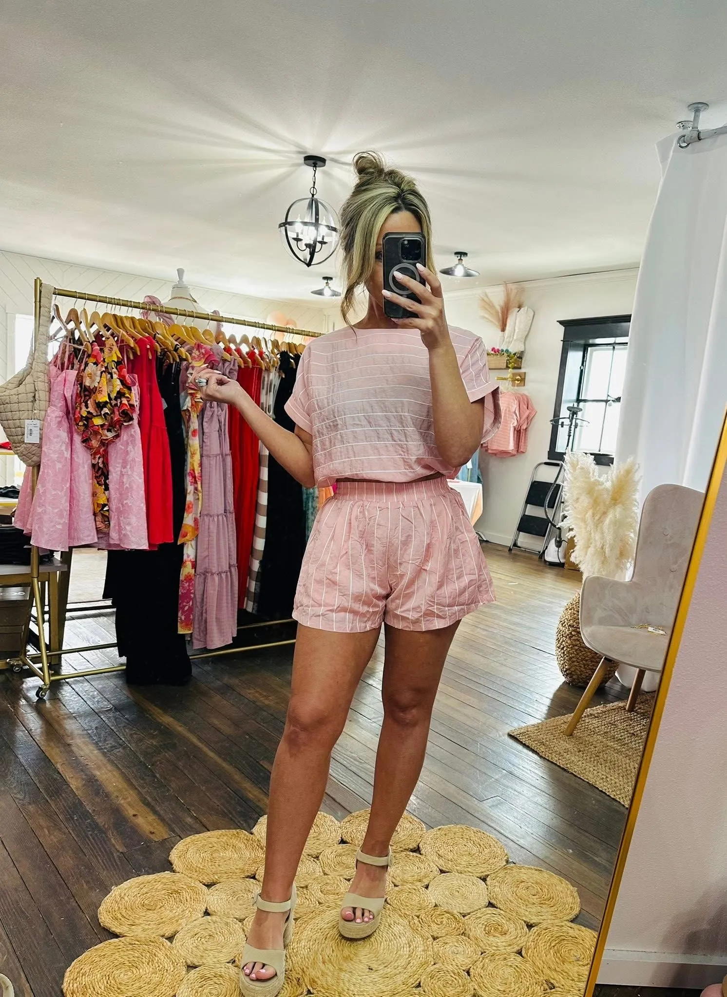 April- Striped Relaxed Fit Short Sleeve Top And Shorts Set