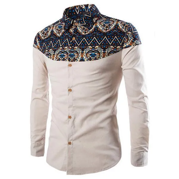 Art Culture Printing Pattern Linen Casual Turn-Down Collar Slim Men Shirt