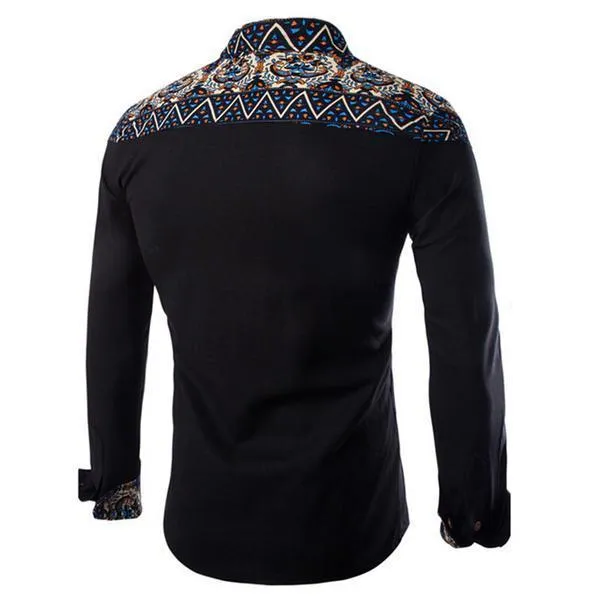 Art Culture Printing Pattern Linen Casual Turn-Down Collar Slim Men Shirt