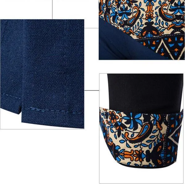 Art Culture Printing Pattern Linen Casual Turn-Down Collar Slim Men Shirt