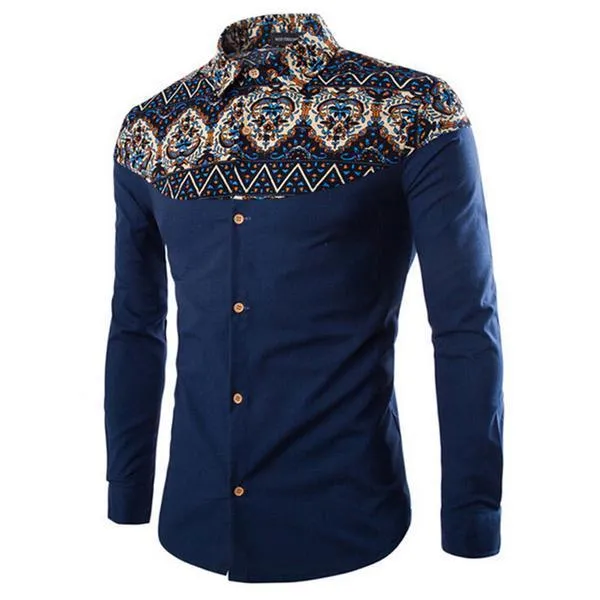 Art Culture Printing Pattern Linen Casual Turn-Down Collar Slim Men Shirt