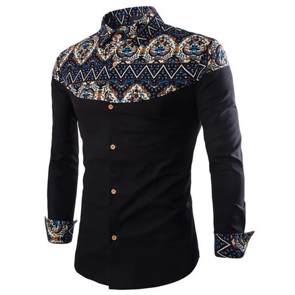 Art Culture Printing Pattern Linen Casual Turn-Down Collar Slim Men Shirt