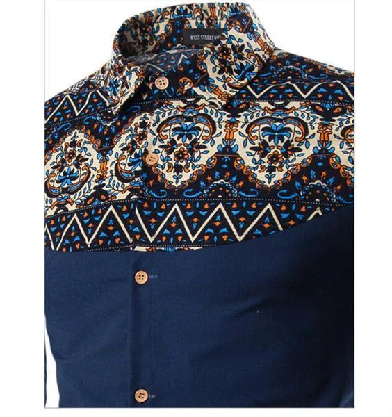 Art Culture Printing Pattern Linen Casual Turn-Down Collar Slim Men Shirt