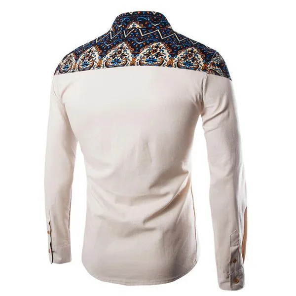 Art Culture Printing Pattern Linen Casual Turn-Down Collar Slim Men Shirt