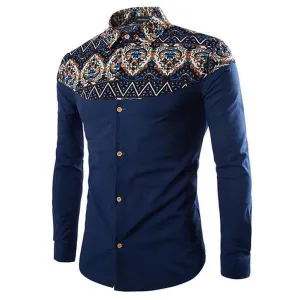 Art Culture Printing Pattern Linen Casual Turn-Down Collar Slim Men Shirt