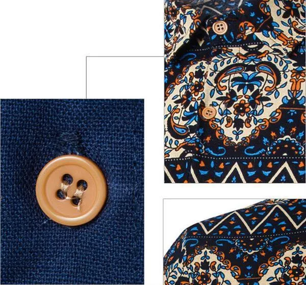 Art Culture Printing Pattern Linen Casual Turn-Down Collar Slim Men Shirt