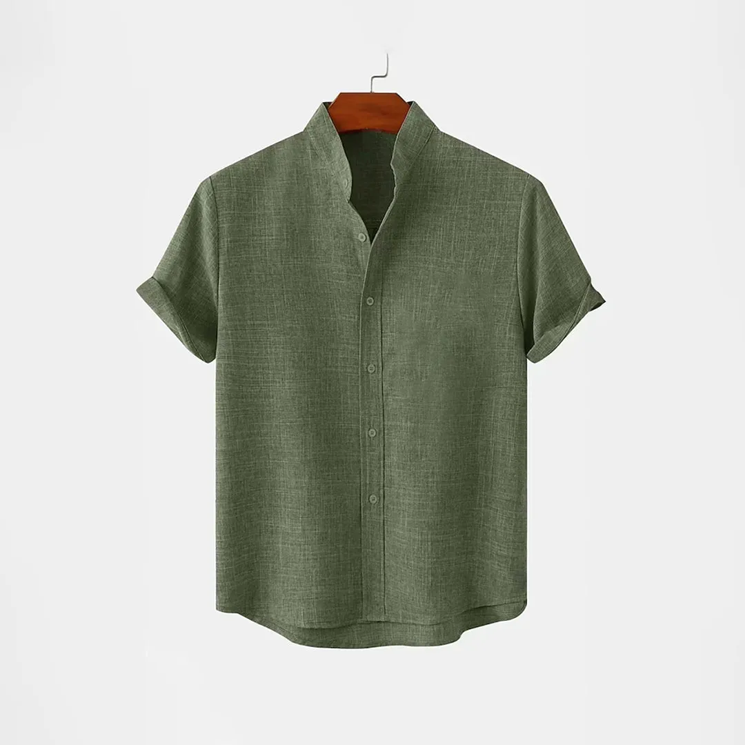 BAN COLLAR FULL LINEN SHIRT - GREEN