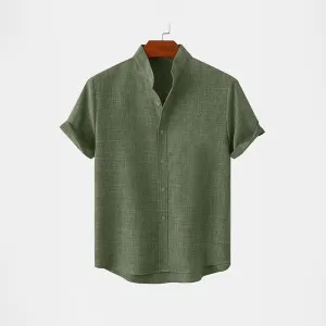 BAN COLLAR FULL LINEN SHIRT - GREEN