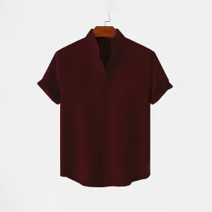 BAN COLLAR FULL LINEN SHIRT - MAROON
