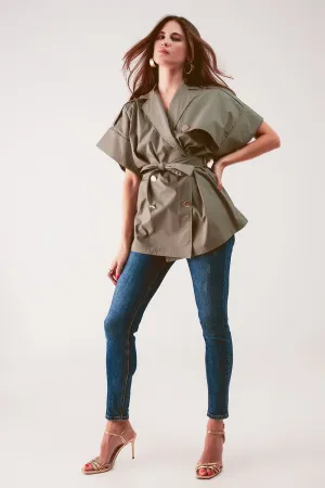 Belted jacket with drop shoulder in khaki