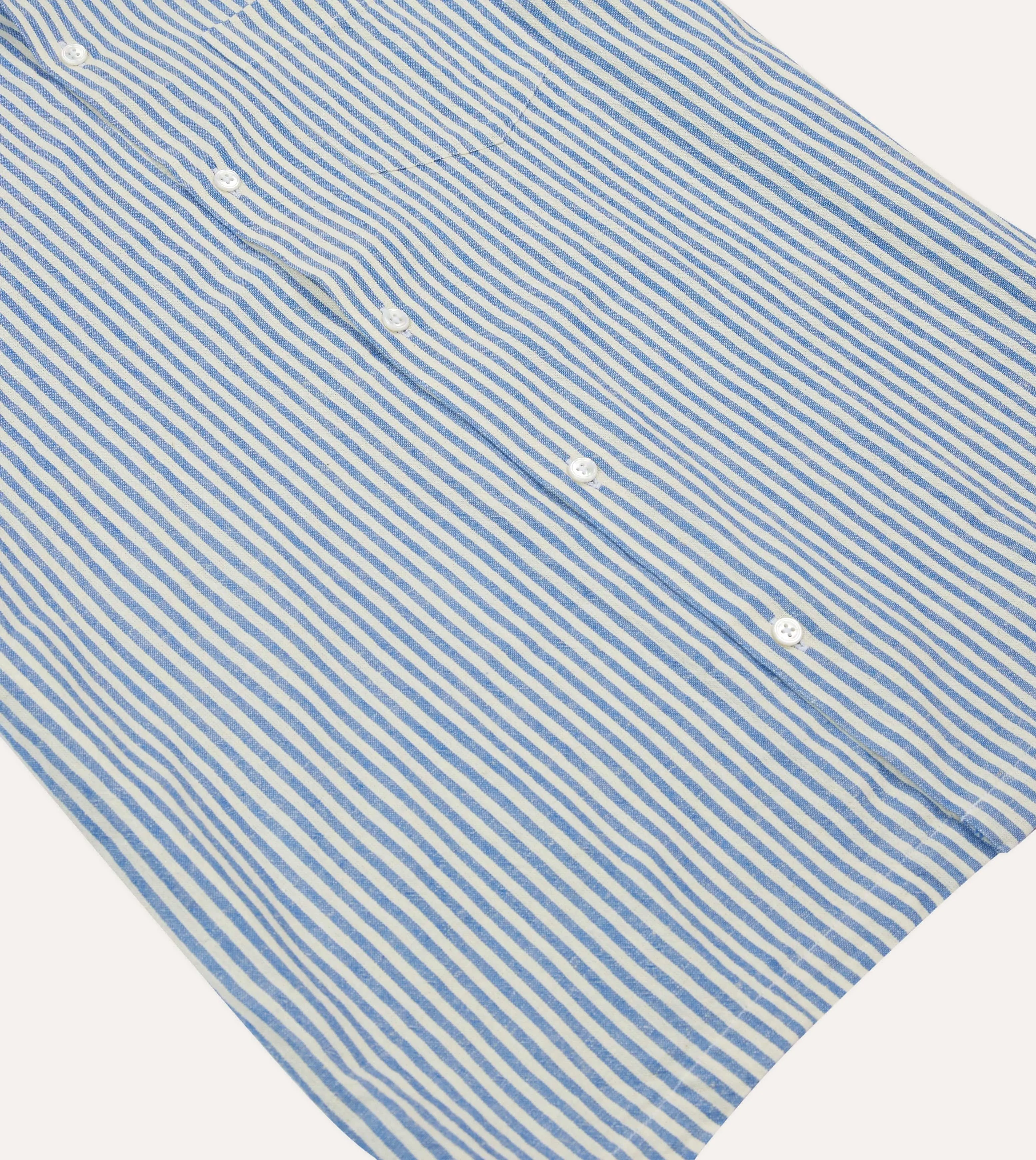 Blue and White Stripe Cotton-Linen Camp Collar Short Sleeve Shirt