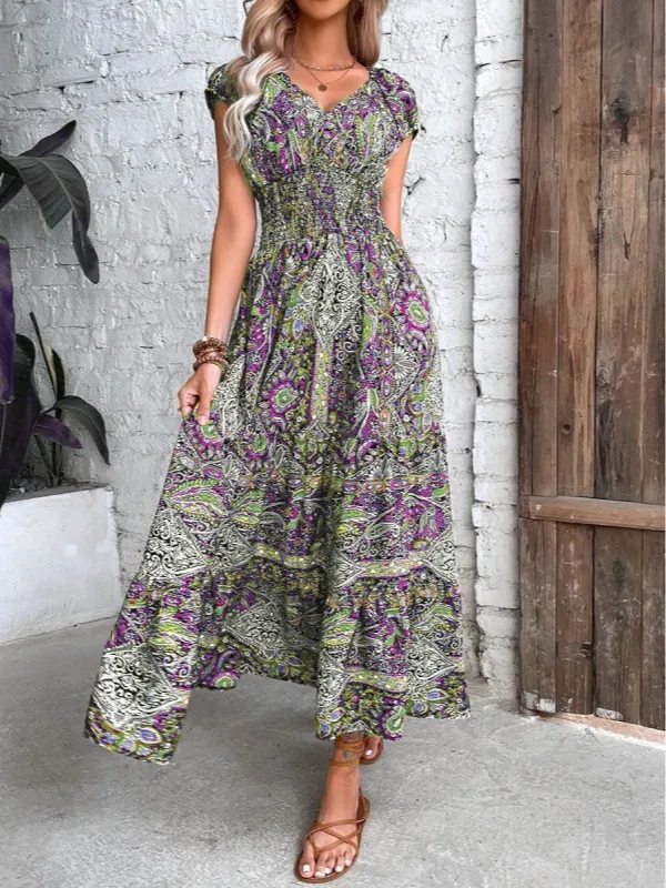 Bohemian Maxi Dress with Paisley Print and Smocked Bodice