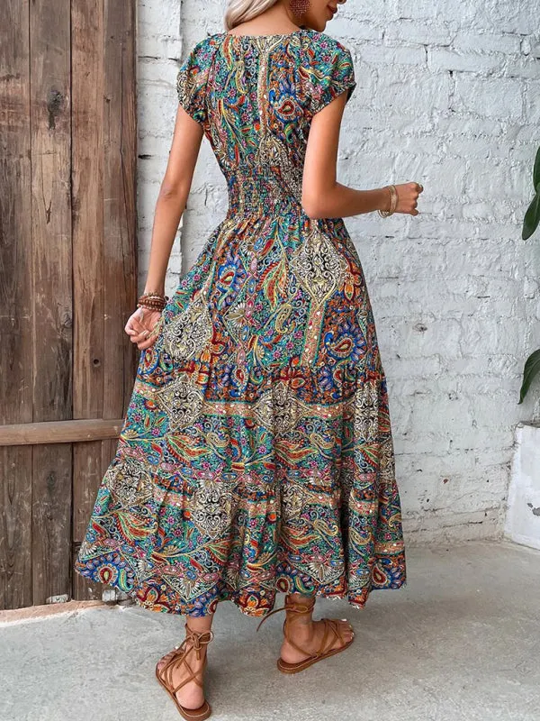 Bohemian Maxi Dress with Paisley Print and Smocked Bodice