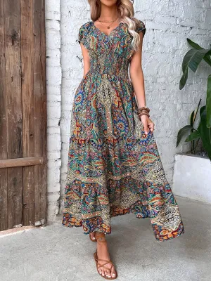 Bohemian Maxi Dress with Paisley Print and Smocked Bodice