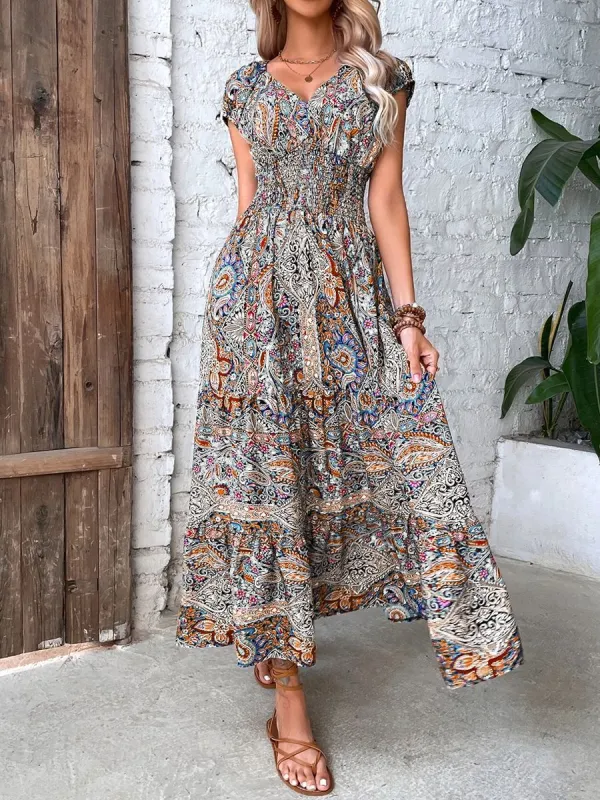 Bohemian Maxi Dress with Paisley Print and Smocked Bodice