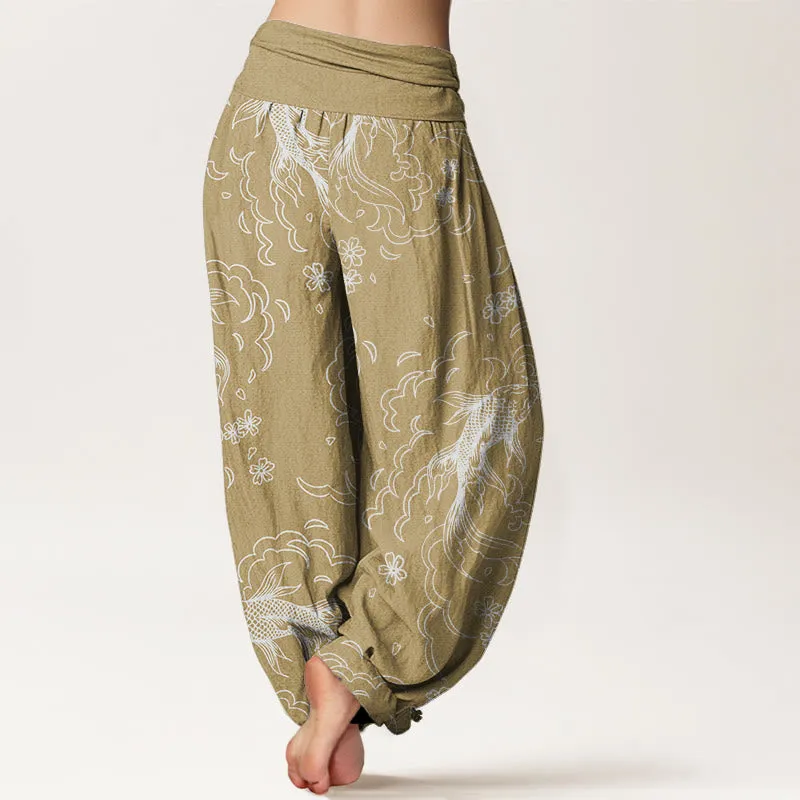 Buddha Stones Casual Koi Fish Waves And Petal Line Pattern Women's Elastic Waist Harem Pants