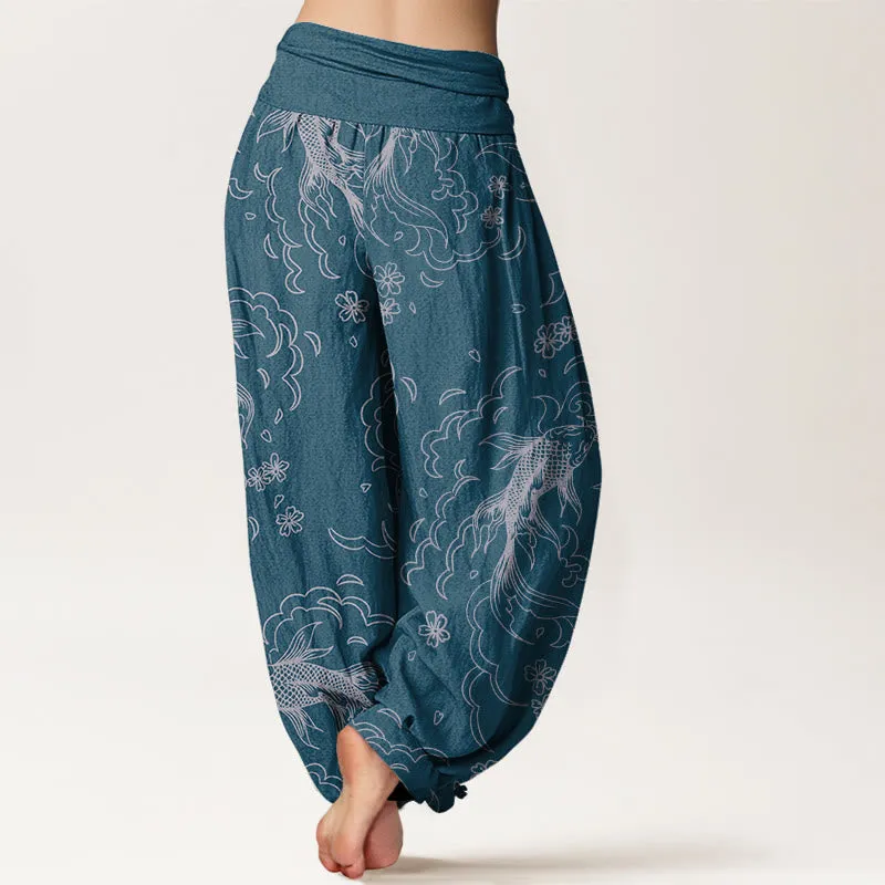 Buddha Stones Casual Koi Fish Waves And Petal Line Pattern Women's Elastic Waist Harem Pants