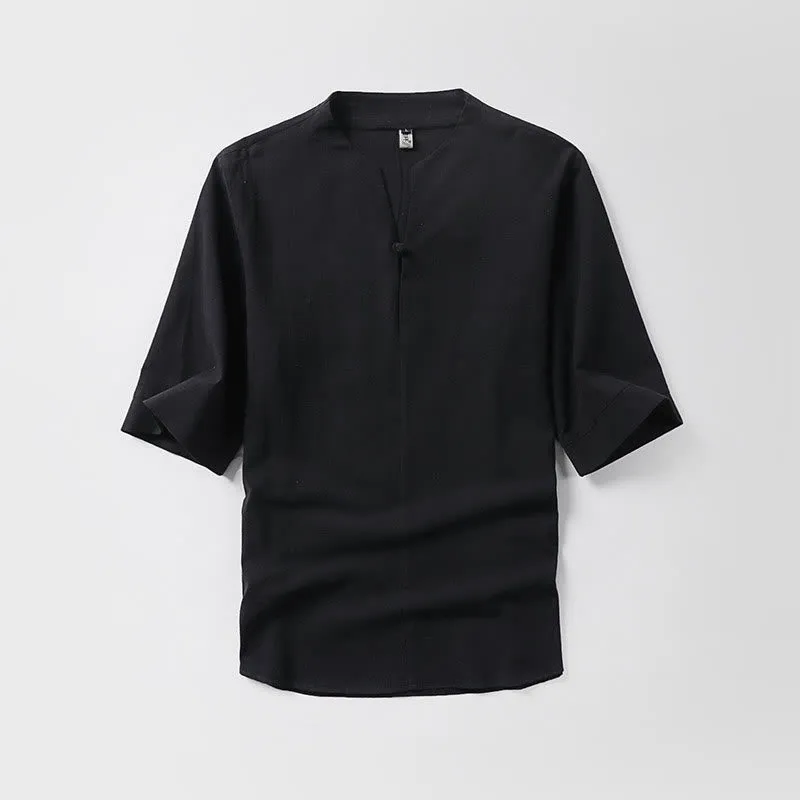 Buddha Stones Casual Plain Color One Button Three Quarter Sleeve Cotton Linen Men's Shirt