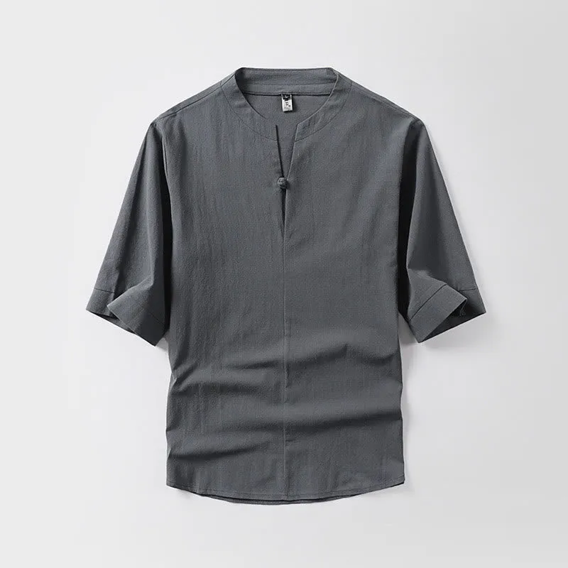 Buddha Stones Casual Plain Color One Button Three Quarter Sleeve Cotton Linen Men's Shirt